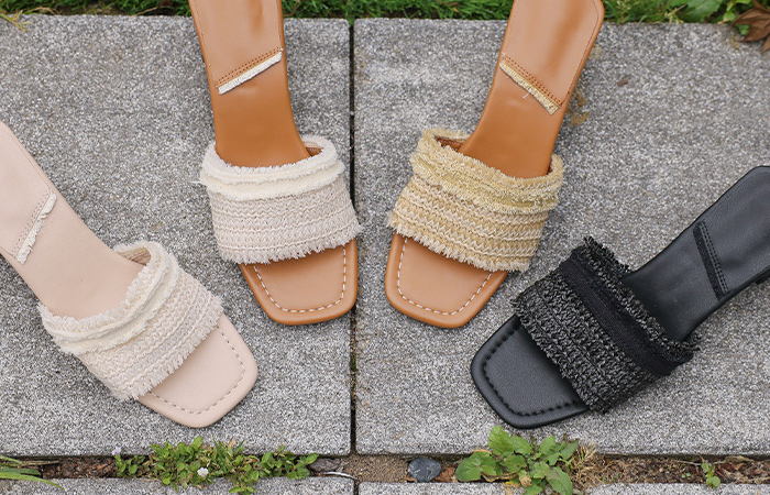 Square Stitch Rattan Middle Heel Slippers Heels