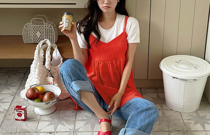 쉐이크 Waffle Fabric 플라잉 Sleeveless shirts Dress