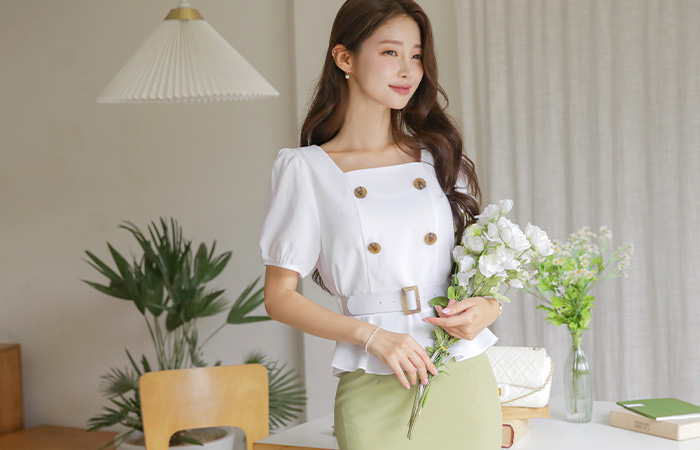 Square Neck Double-button Belted Peplum Blouse