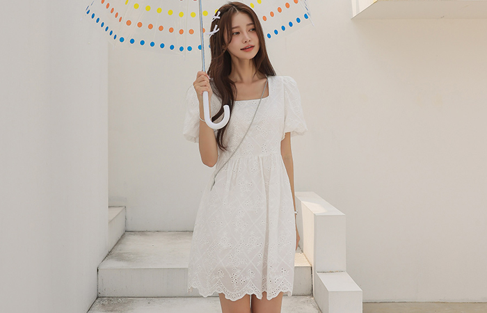 Square Neck Puff Sleeves Punching Eyelet Flared Dress