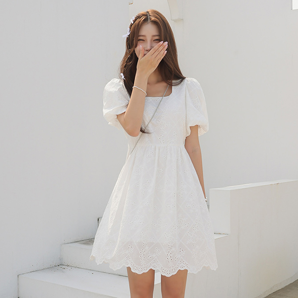 Square Neck Puff Sleeves Punching Eyelet Flared Dress