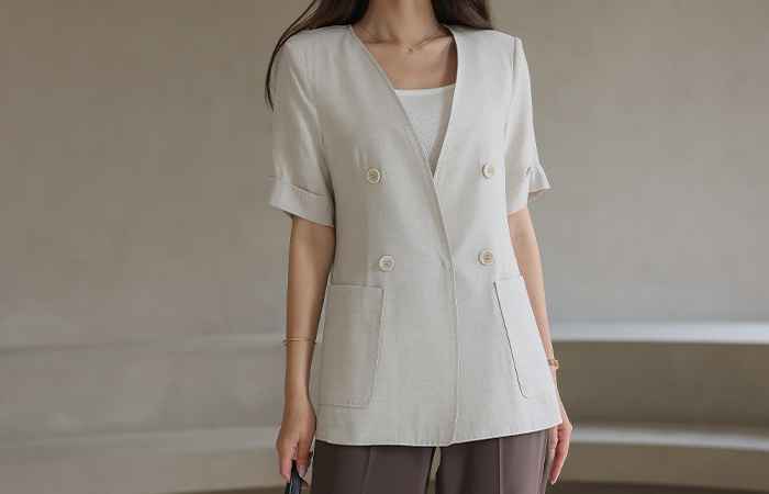 Linen No-collar V-neck Double-button Roll-up Jacket