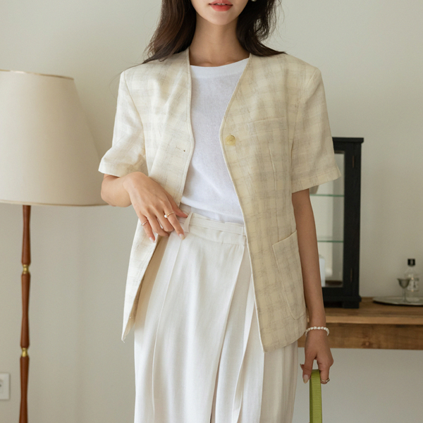 Creamy Check Patterns One Button Linen Jacket