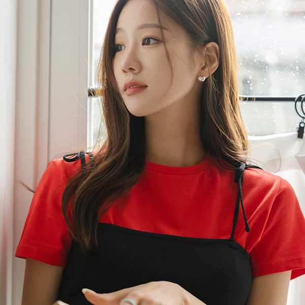 Lovely Shoulder Ribbon Point Color Tight Knit