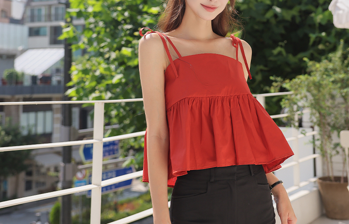 Romantic Ribbon Strap Tank-Top Flared Blouse