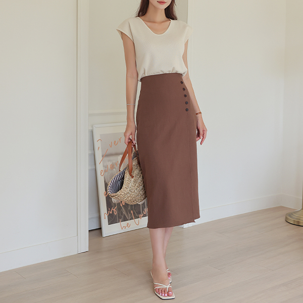 Linen Side Button Point H-line Skirt