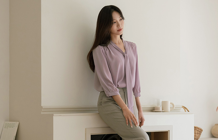 slender Mood Shirring Tie Three-Quarter Sleeves Blouse