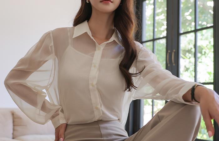 See-through Shoulder Pintuck Puff Blouse