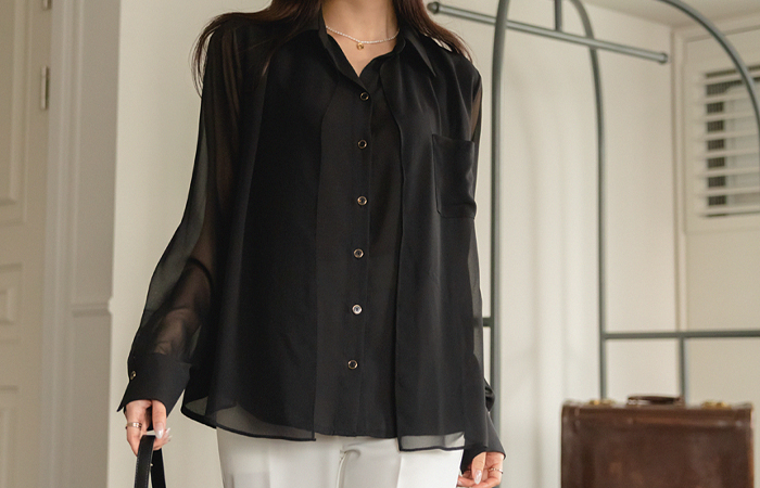 Gold-Ring Button Double Fabric Chic Blouse