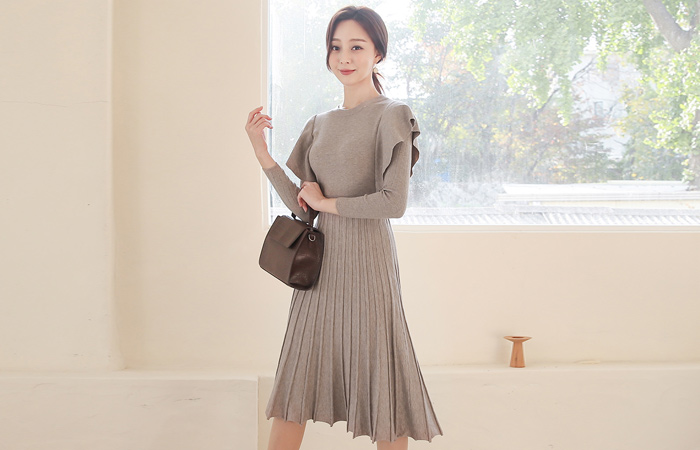 Ruffle wing Back Ribbon Pleats Knit Dress