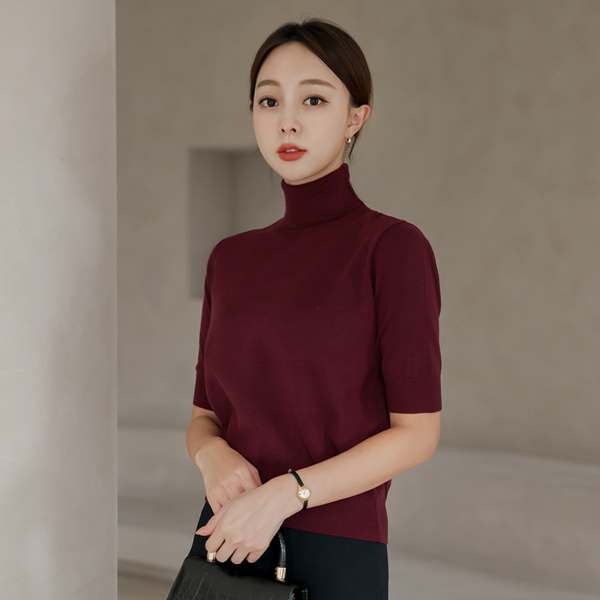 Soft Turtleneck Midi Sleeves Knit T-shirt