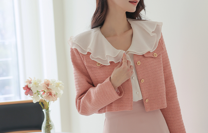 Spring Color V-neck Crop Tweed Jacket