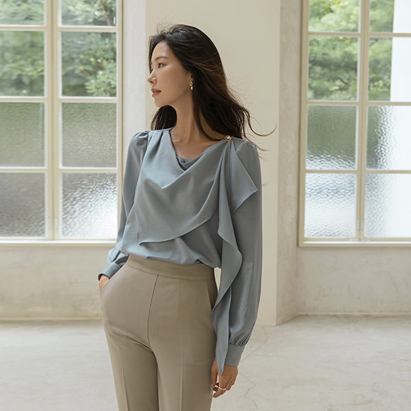 Drape Scarf-Neck Pearl Button Long-sleeve Blouse