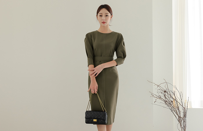 Stitch Belted Pintuck Puff Sleeves Dress