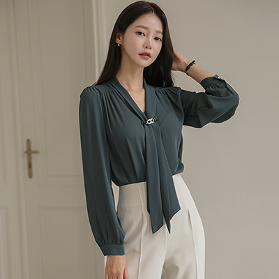 Gold Buckle Decoration Tie Blouse