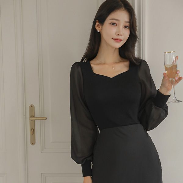 Heart Neck Chiffon Sleeves Color Combination T-shirt