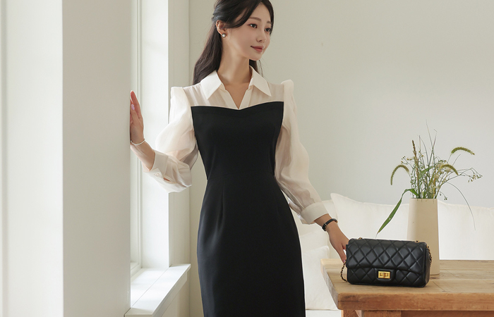 Open Collar Puff Color Combination Slim Dress(Long-sleeve)