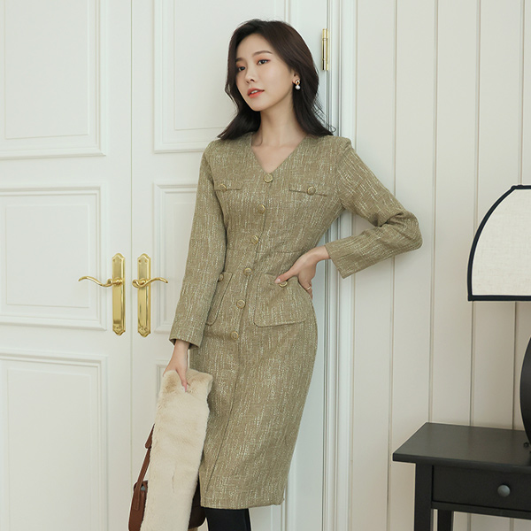 ODE Gold Button V-neck Tweed Dress