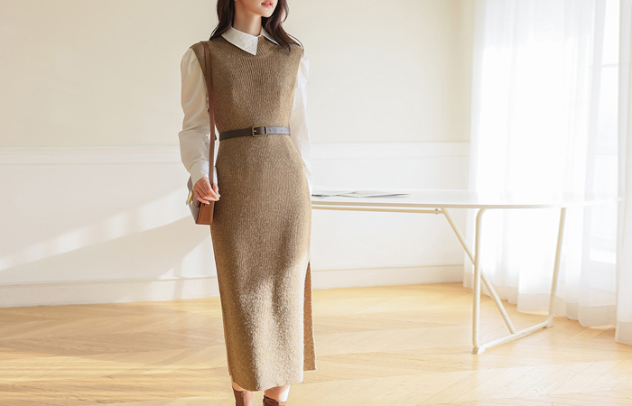 Unbalance Collar Shirt&Long Knit DressSET (3pcs)