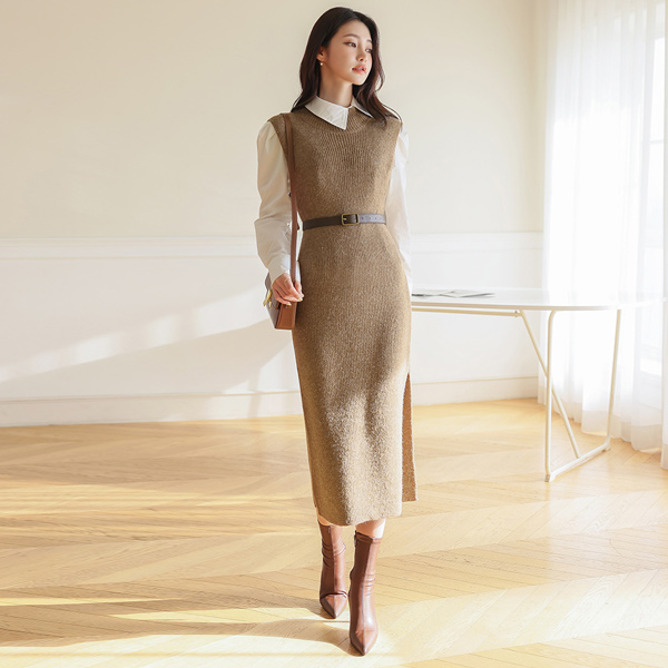 Unbalance Collar Shirt&Long Knit DressSET (3pcs)