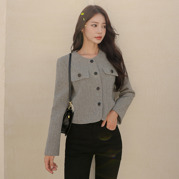 Wool Tweed Black Button Round Jacket