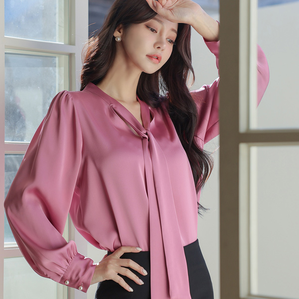 Satin Tie Pearl Sleeves Blouse