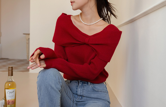 Ribbon Off Shoulder Style Point Wool Knit