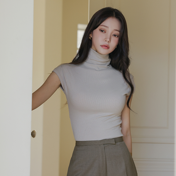 High-Neck Cap-Sleeves Corduroy Slim Span T-shirt