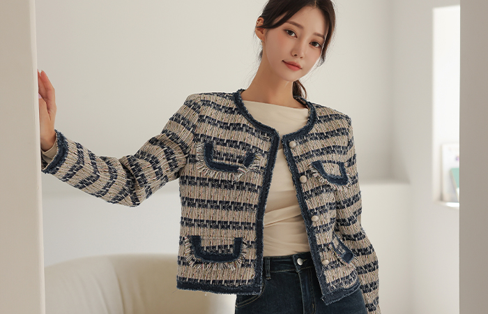 Pocket Tassel Denim Lining Tweed Jacket