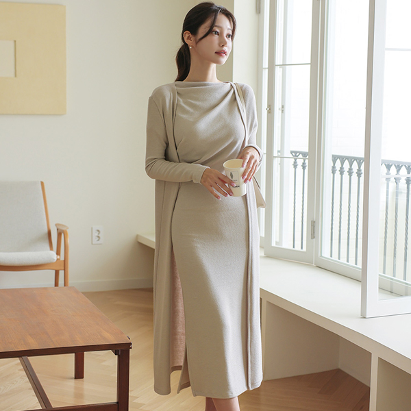 Cap-Sleeves Shoulder Shirring Long Dress&Cardigan SET