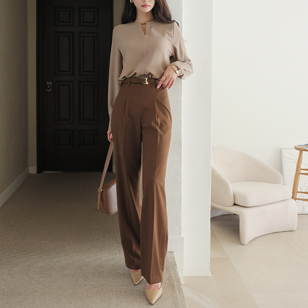 Gold Buckle Belted Straight fit Wide Slacks