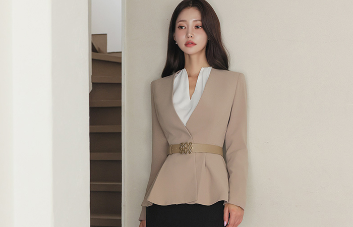 No-collar Peplum Hidden Button Leather Belted Jacket