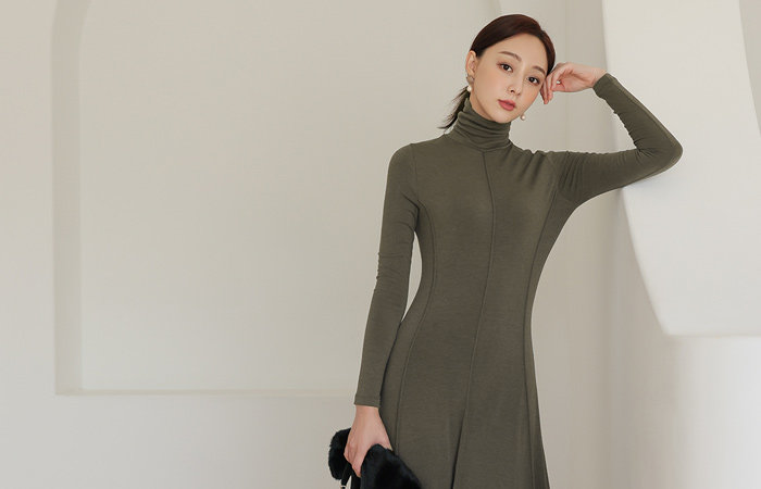 Pintuck Cutting-line Turtleneck A-line Long Dress