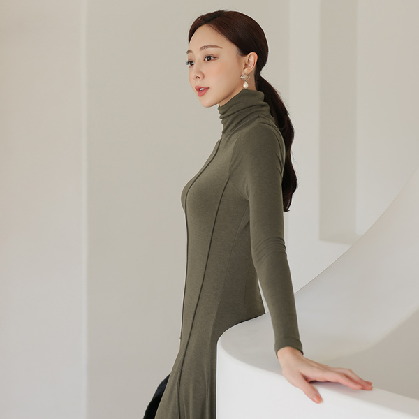 Pintuck Cutting-line Turtleneck A-line Long Dress