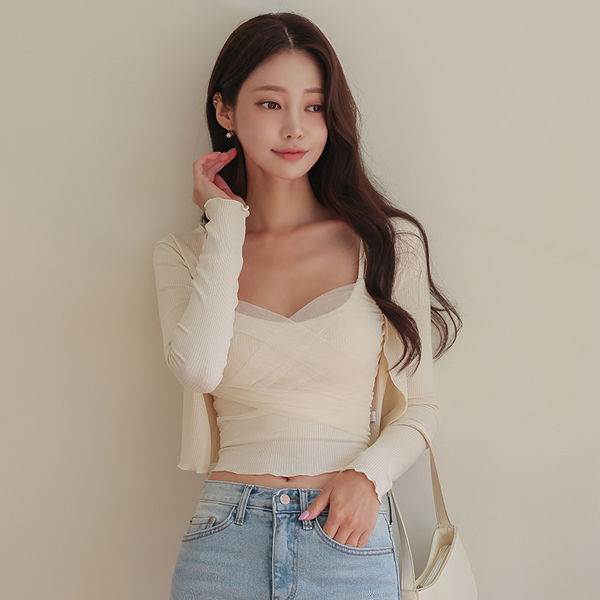 slim-looking Chiffon Shirring Crop Sleeveless shirts&Cardigan SET