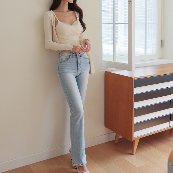 Light-Blue Half High-waist Semi- Boot-Cut Denim Pants