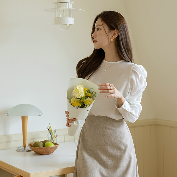 Romantic See-through Shirring Puff Tencel Long-sleeve Blouse