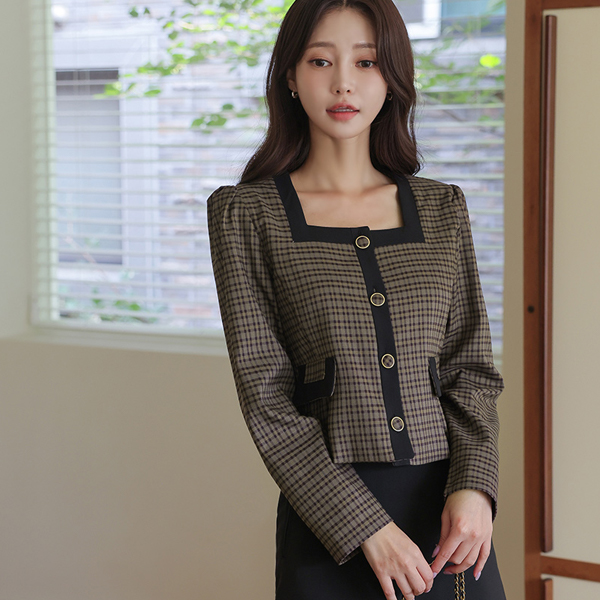 Check Cobination Color Combination Line Square Neck Jacket