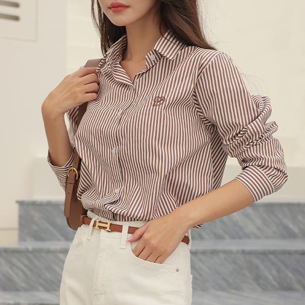 LOVE heart Embroidery Stripe Shirt