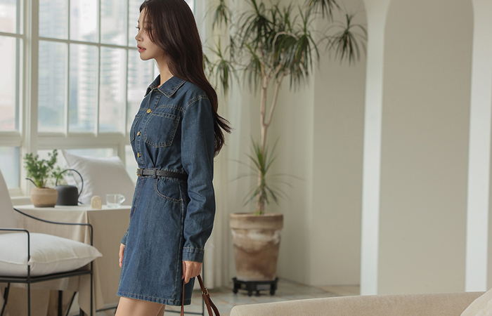 Shirt Collar Belted Denim Dress (2type)