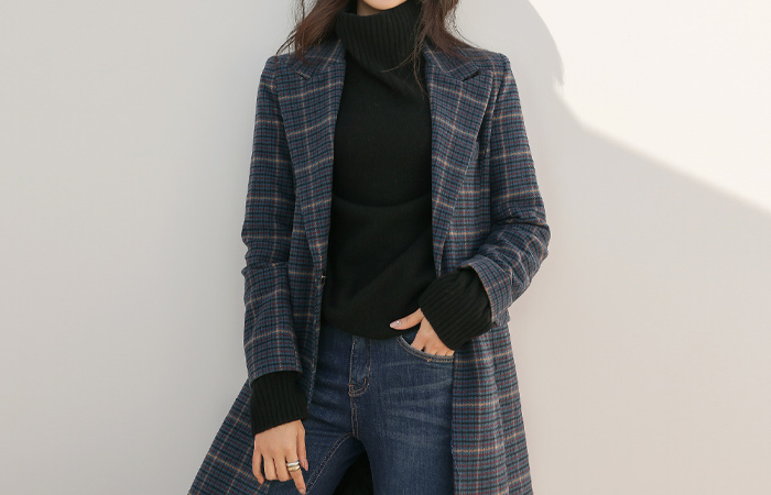 Classic Check Pattern Objet Wide Belted Wool Coat