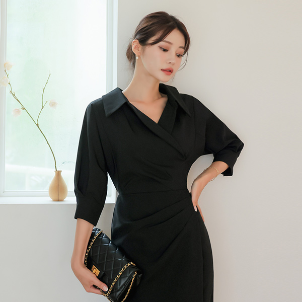 Open Collar Puff Sleeves Unbalance Slit Dress (fall)