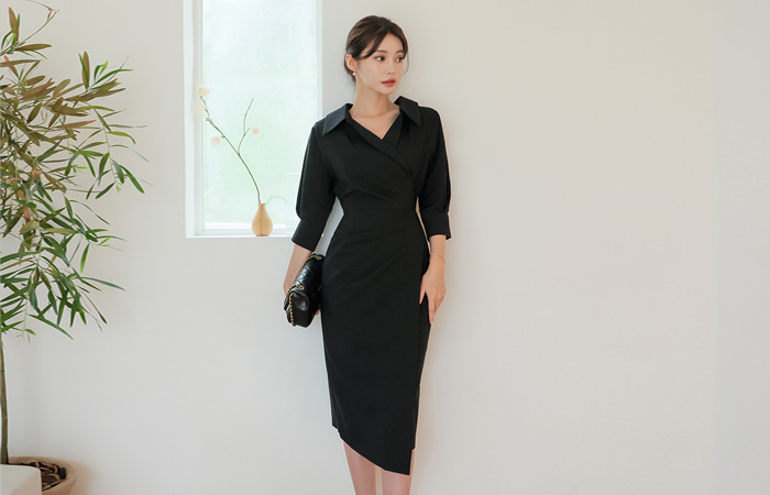 Open Collar Puff Sleeves Unbalance Slit Dress (fall)