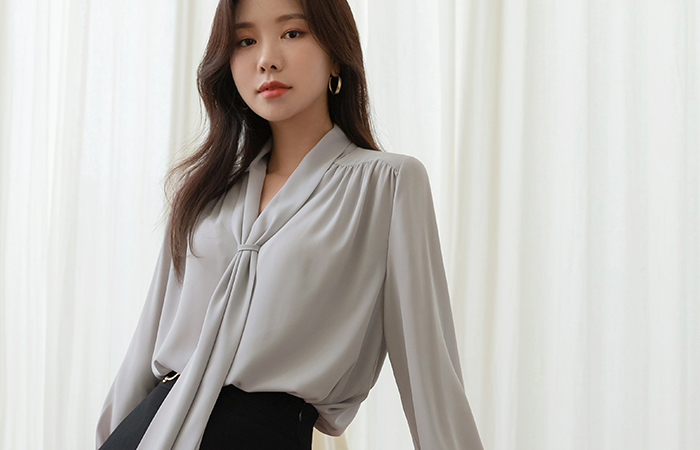 Feminine Shoulder Shirring Tie Blouse