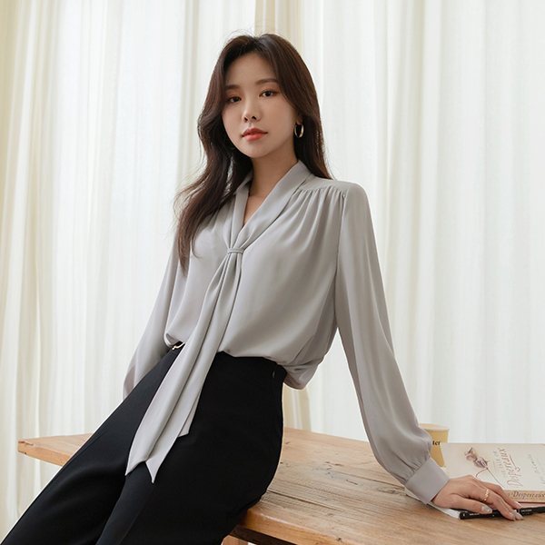 Feminine Shoulder Shirring Tie Blouse