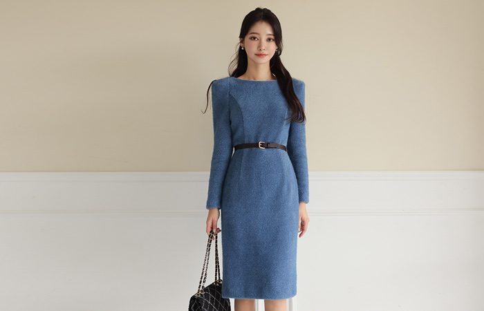 Soft Mink Fur Belted Slim Span Wool Dress (2 tpye)