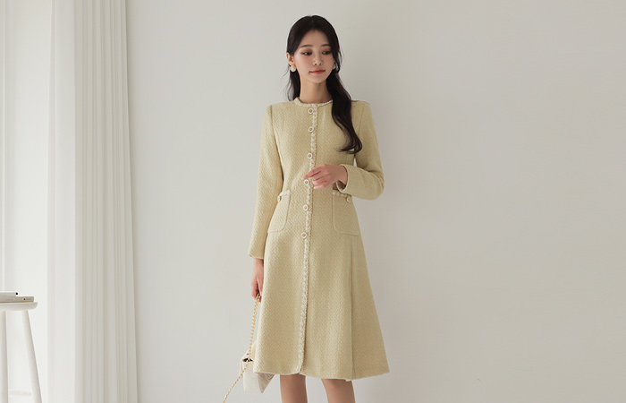 Fringe Braid Antique-Buttons Tweed A-line Wool Dress