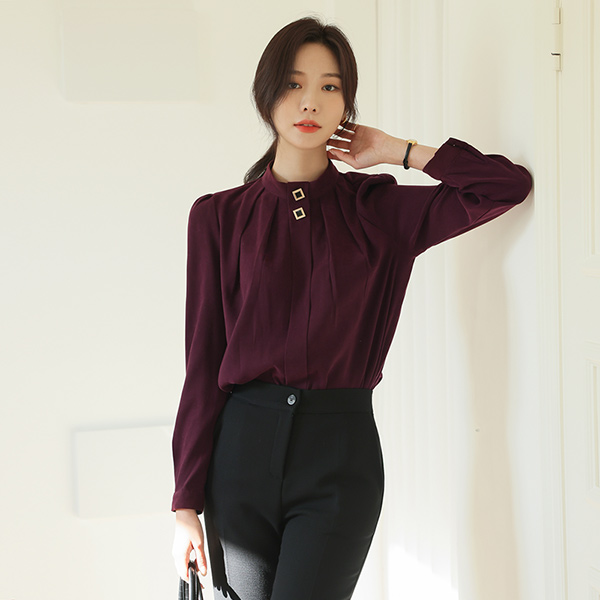 Square Button Trimming Gather Shirring Blouse