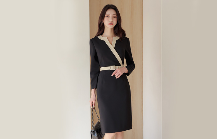 Slit-Neck Color Combination-line Wrab Dress
