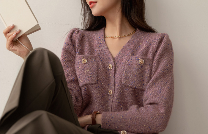 Shining Jewel Button Shoulder Pad Knit Cardigan